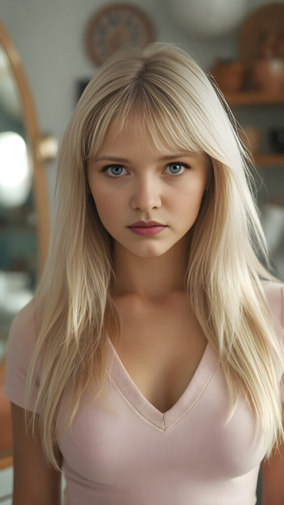 a cute well busty teen girl, soft straight very long light blond jet hair, full kissable lips, ((light pink plain cropped top with deep v-neck)), perfect curved body, light blue eyes, detailed round face, in a vintage salon, 1970s style