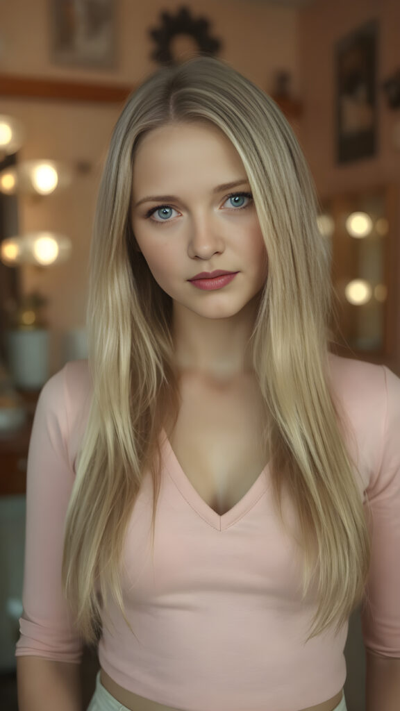 a cute well busty teen girl, soft straight very long light blond jet hair, full kissable lips, ((light pink plain cropped top with deep v-neck)), perfect curved body, light blue eyes, detailed round face, in a vintage salon, 1970s style