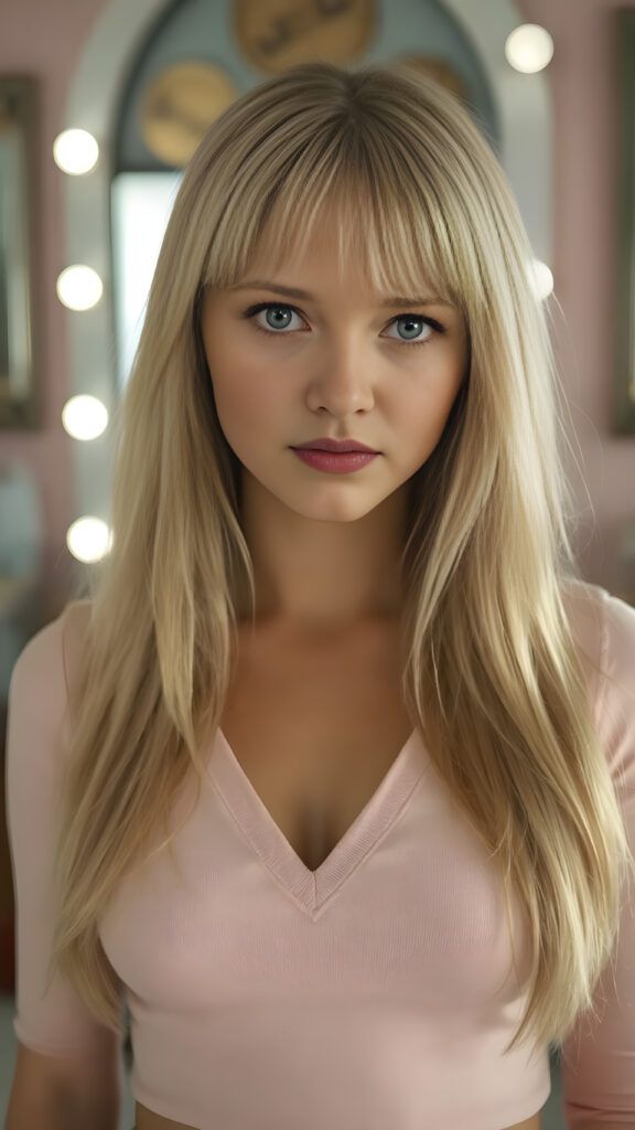 a cute well busty teen girl, soft straight very long light blond jet hair, full kissable lips, ((light pink plain cropped top with deep v-neck)), perfect curved body, light blue eyes, detailed round face, in a vintage salon, 1970s style