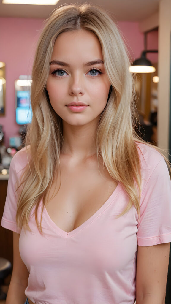 a cute well busty teen girl, soft straight very long light blond jet hair, full kissable lips, ((light pink plain cropped t-shirt with deep v-neck)), perfect curved body, light blue eyes, detailed round face, in a vintage salon, 1970s style