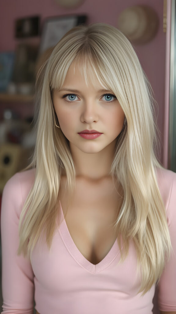 a cute well busty teen girl, soft straight very long light blond jet hair, full kissable lips, ((light pink plain cropped top with deep v-neck)), perfect curved body, light blue eyes, detailed round face, in a vintage salon, 1970s style