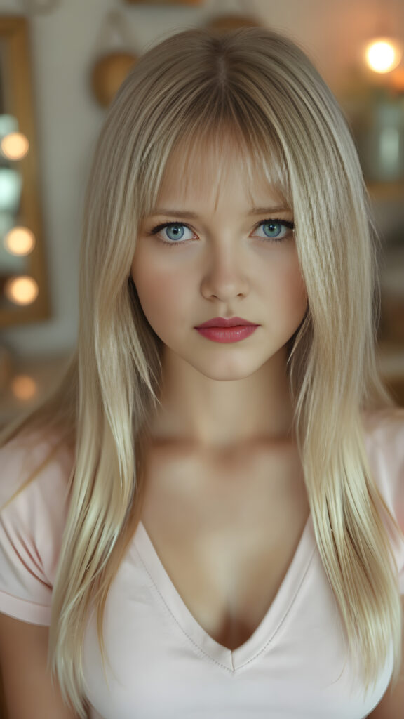 a cute well busty teen girl, soft straight very long light blond jet hair, full kissable lips, ((light pink plain cropped top with deep v-neck)), perfect curved body, light blue eyes, detailed round face, in a vintage salon, 1970s style