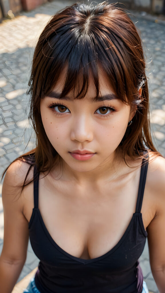 a cute young Asian (((teen girl)) filmed from above, tank top, long straight brown hair with bangs, amber eyes, full lips