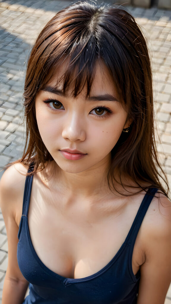 a cute young Asian (((teen girl)) filmed from above, tank top, long straight brown hair with bangs, amber eyes, full lips