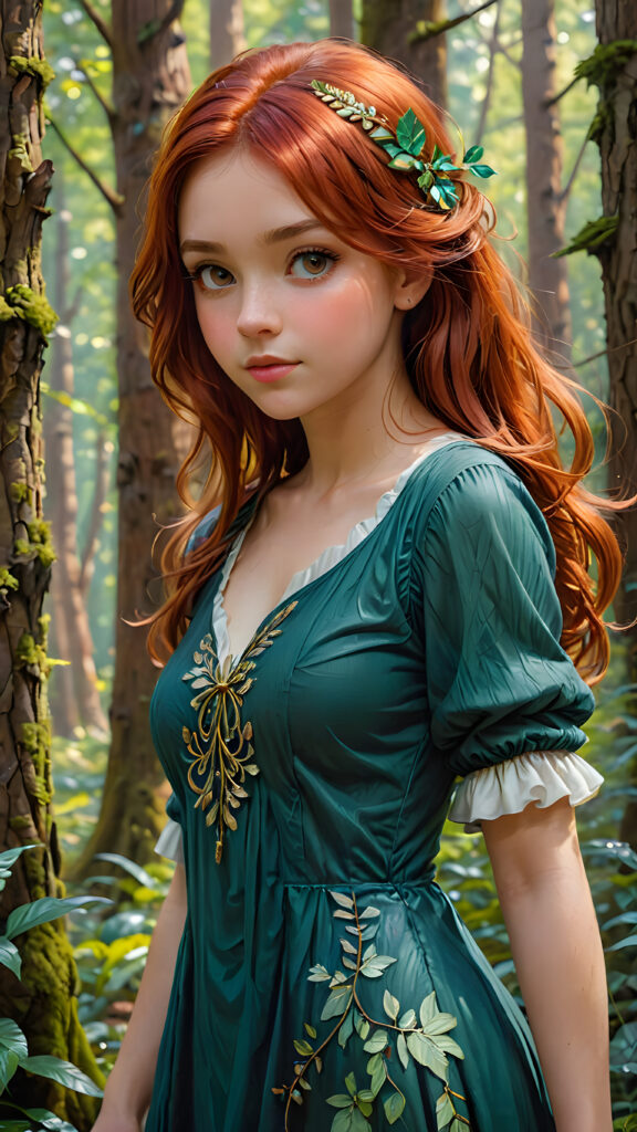 a cute young girl with red hair posed in a enchanted forest