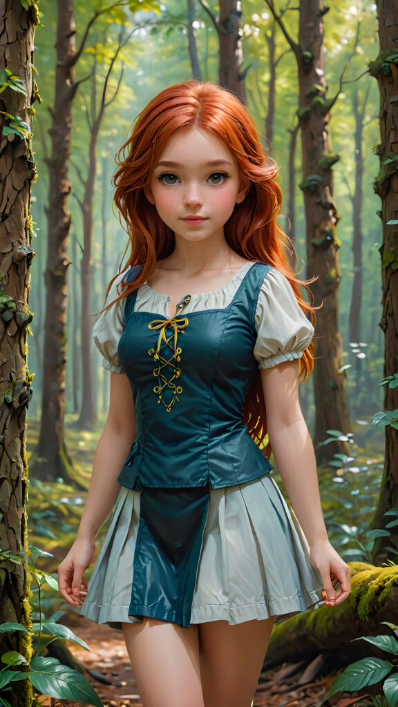 a cute young girl with red hair posed in a enchanted forest