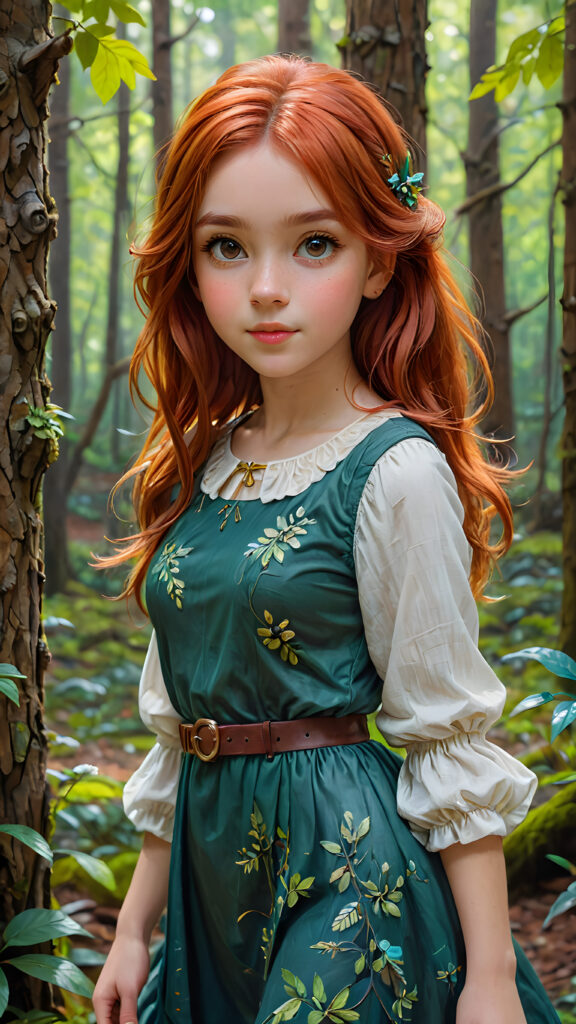 a cute young girl with red hair posed in a enchanted forest