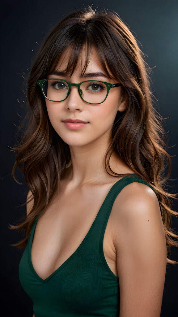 a cute young nerd girl with long, brown shoulder-length jet soft flowing hair, wearing a large, dark green prescription glasses. She has bangs that are parted to the side. Her eyes are dark brown. She wears a short form-fitting cropped green tank top with deep v-neck that support and emphasizes her perfect body, ((dark background)) ((gorgeous)) ((stunning)) ((perfect portrait))