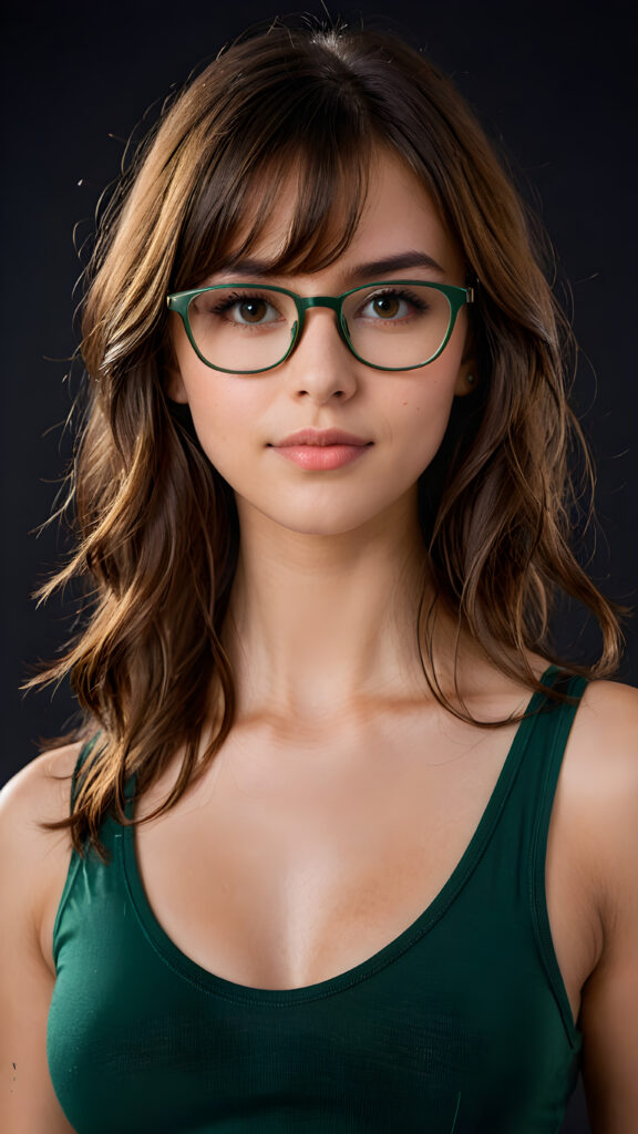 a cute young nerd girl with long, brown shoulder-length jet soft flowing hair, wearing a large, dark green prescription glasses. She has bangs that are parted to the side. Her eyes are dark brown. She wears a short form-fitting cropped green tank top with deep v-neck that support and emphasizes her perfect body, ((dark background)) ((gorgeous)) ((stunning)) ((perfect portrait))