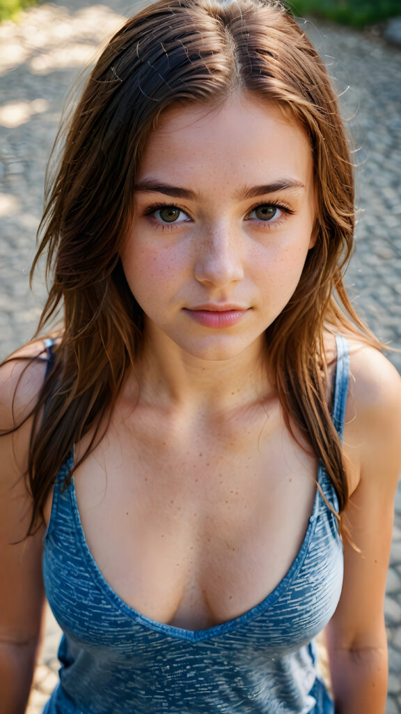 a cute young teen girl filmed from above, tank top with deep v-neck, long hair