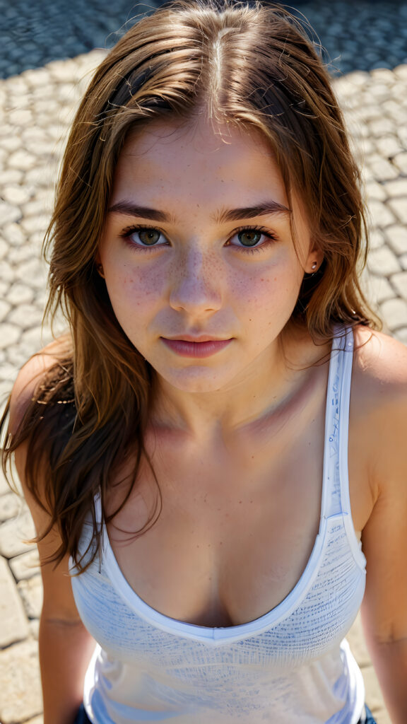 a cute young teen girl filmed from above, tank top with deep v-neck, long hair