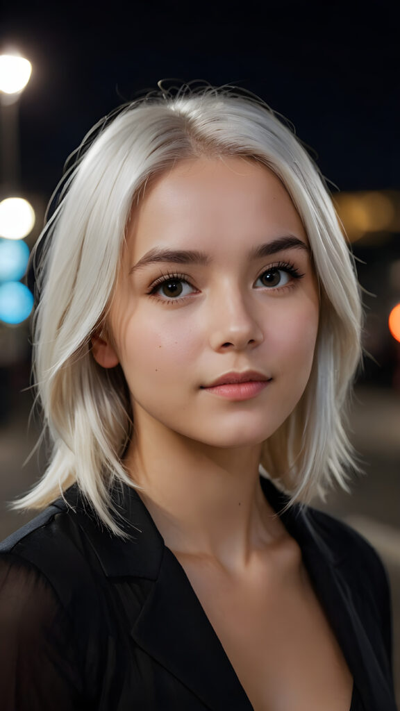 a cute young woman, platinum white straight hair, night, looks at viewer and dim light falls on her face, dark background. cinematic light, perfect shadow, ((side view portrait))