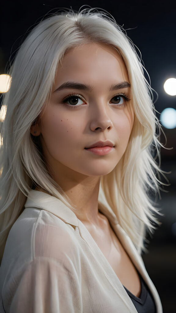 a cute young woman, platinum white straight hair, night, looks at viewer and dim light falls on her face, dark background. cinematic light, perfect shadow, ((side view portrait))