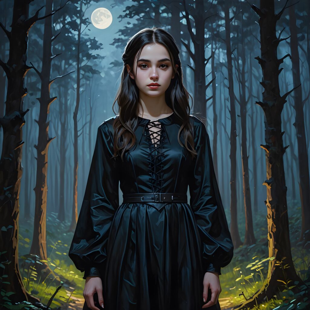 a dark thin dressed gothic teen girl at night in a mysterious forest. Weak moonlight light falls into the picture. Perfect shadows and contrasts support the image. ((detailed photo))