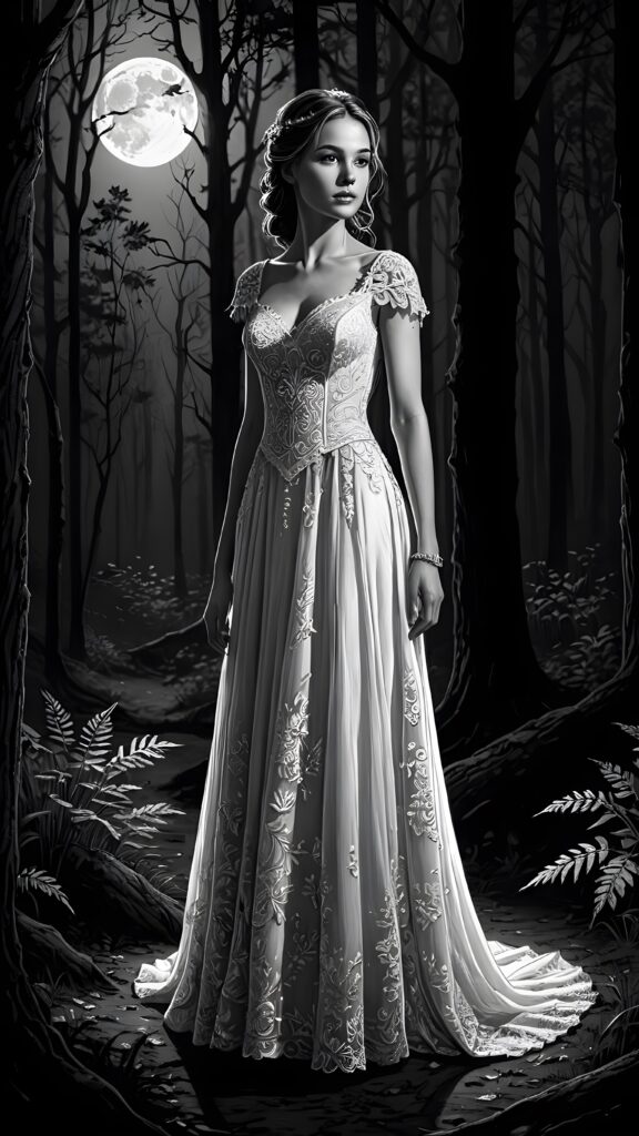 a dark thin dressed teen bride at night in a mysterious forest. Weak moonlight light falls into the picture. Perfect shadows and contrasts support the image. ((detailed))