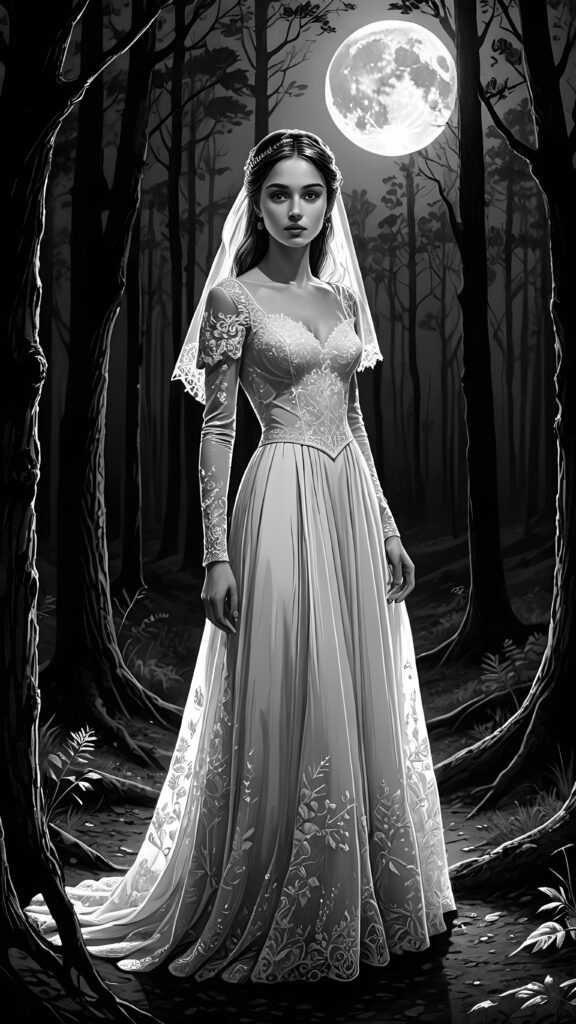 a dark thin dressed teen bride at night in a mysterious forest. Weak moonlight light falls into the picture. Perfect shadows and contrasts support the image. ((detailed))