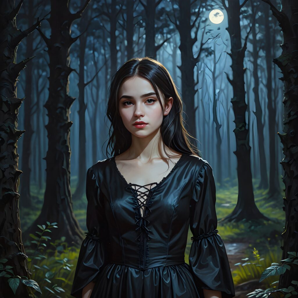 a dark thin dressed gothic teen girl at night in a mysterious forest. Weak moonlight light falls into the picture. Perfect shadows and contrasts support the image. ((detailed photo))