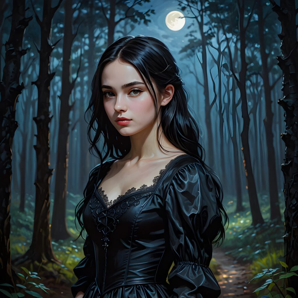 a dark thin dressed gothic teen girl at night in a mysterious forest. Weak moonlight light falls into the picture. Perfect shadows and contrasts support the image. ((detailed photo))