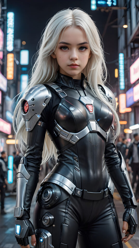 a dark young teen girl in a battle suit, in cyber punk style, she has long straight white hair, full body shot, detailed pencil draw