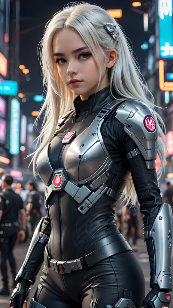 a dark young teen girl in a battle suit, in cyber punk style, she has long straight white hair, full body shot, detailed pencil draw