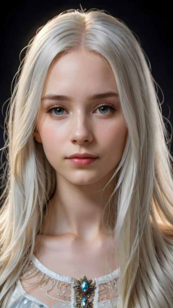 a (((detailed and realistic portrait))), featuring a (((beautiful teen girl with extremely long straight white hair))), with a gently diffused glow that casts, an ethereal halo around her form, illustrating a sense of (otherworldly mystery) and fantasy that defies the ordinary