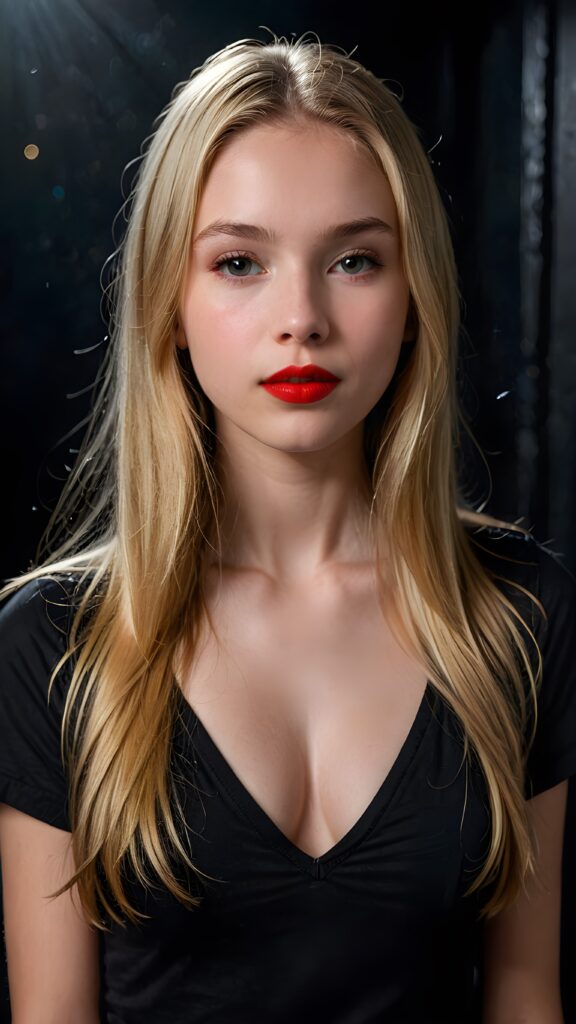 a (((detailed and realistic portrait))), featuring a (((beautiful innocent teen girl with extremely long straight blond hair)), shiny eyes, very lucky, ((full red lips)), ((wears a dark deep v-neck t-shirt)), with a gently diffused glow that casts, an ethereal halo around her form, illustrating a sense of (otherworldly mystery) and fantasy that defies the ordinary, ((dark background))