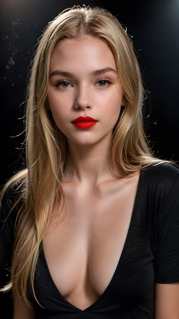 a (((detailed and realistic portrait))), featuring a (((beautiful innocent teen girl with extremely long straight blond hair)), shiny eyes, very lucky, ((full red lips)), ((wears a dark deep v-neck t-shirt)), with a gently diffused glow that casts, an ethereal halo around her form, illustrating a sense of (otherworldly mystery) and fantasy that defies the ordinary, ((dark background))