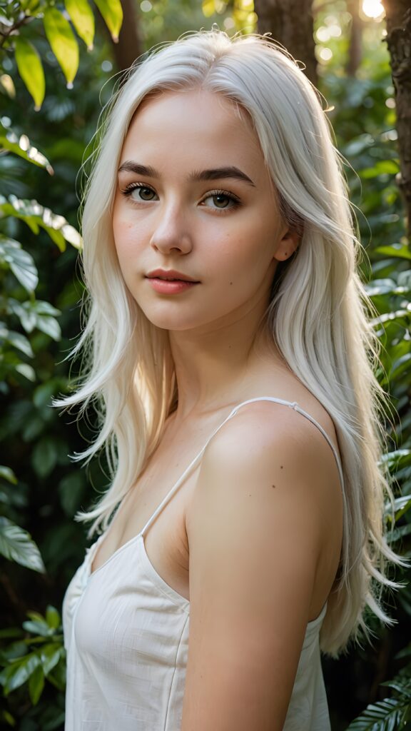 a (((detailed and realistic portrait))), capturing the essence of a (((beautiful young teen girl))) with long, flowing, (((straight soft white hair))), poised in a (side profile) gaze towards the viewer, framed by an ethereal backdrop of a verdant (cypress hedge), against a softly diffused (dim light), wearing a (short cropped tank top) in a (warm, inviting tone). Her facial features exude an otherworldly radiance, with (porcelain skin) and a (perfectly circular face) featuring (gently arched eyebrows) and a (dark, piercing point) above her (serene expression), all set against a (backdrop of a leafy, lush environment) that gives off a (magical, almost surreal vibe)