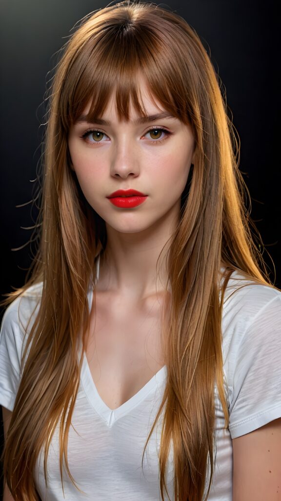 a (((detailed and realistic portrait))), featuring a (((beautiful innocent teen girl with extremely long straight amber hair, bangs frame her face))), shiny eyes, ((full red lips)), ((wears a deep v-neck t-shirt)), with a gently diffused glow that casts, an ethereal halo around her form, illustrating a sense of (otherworldly mystery) and fantasy that defies the ordinary, ((dark background))