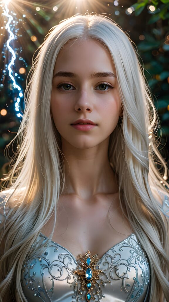 a (((detailed and realistic portrait))), featuring a (((beautiful teen girl with extremely long straight white hair))), emanating a (((glowing, ethereal light))), indicative of (magical abilities). Her features are (((sharp and clear))), with (realistic proportions) and (hyper-detailed, intricate patterns). The scene is (well lit) and (natural), with (bioluminescent details) that give off a sense of (otherworldly mystery) and fantasy that defies the ordinary