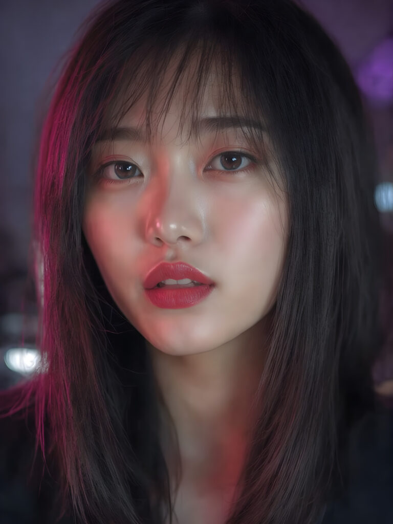 a (((detailed and cute Korean lady with straight, long black hair))) by a (fashionably asymmetrical bob hairstyle), red full kissable lips, looks seductive, white teeth