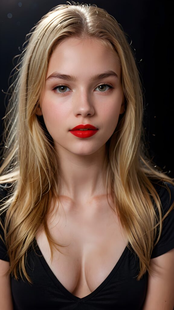 a (((detailed and realistic portrait))), featuring a (((beautiful innocent teen girl with extremely long straight blond hair)), shiny eyes, very lucky, ((full red lips)), ((wears a dark deep v-neck t-shirt)), with a gently diffused glow that casts, an ethereal halo around her form, illustrating a sense of (otherworldly mystery) and fantasy that defies the ordinary, ((dark background))