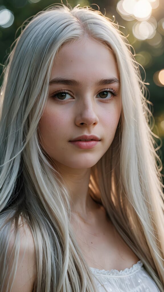 a (((detailed and realistic portrait))), featuring a (((beautiful teen girl with extremely long straight white hair))), with a gently diffused glow that casts, an ethereal halo around her form, illustrating a sense of (otherworldly mystery) and fantasy that defies the ordinary