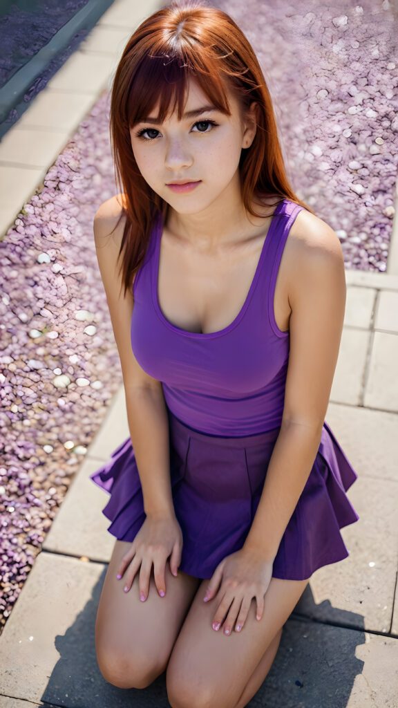 a (((detailed and perfect portrait))) of a (((beautiful young cute teenage girl, sitting on the ground, perfect curved fit body))), with ((long, straight, thick, soft red hair, bangs cut, wearing a ((purple super short tank top)), ((view from above))