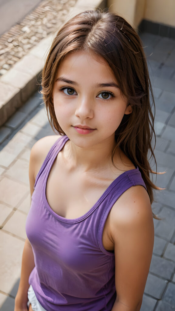 a (((detailed and perfect portrait))) of a (((beautiful young cute girl, perfect curved fit body))), 13 years old, with long, straight, thick, untucked, natural light brown hair, bangs cut, wearing a ((purple super short tank top)), ((view from above))