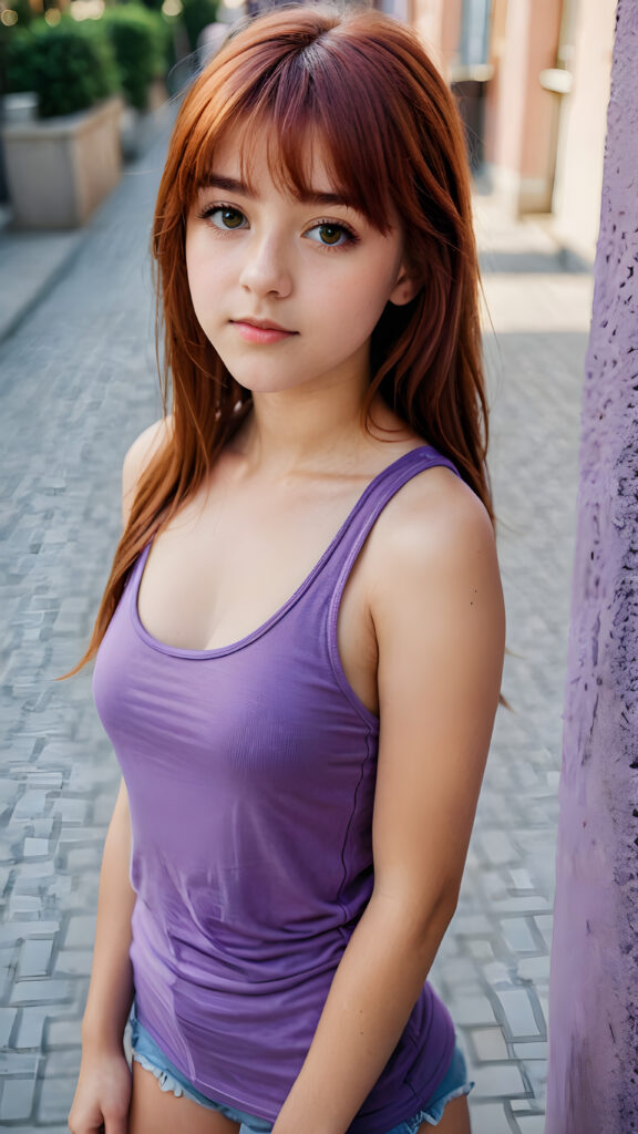 a (((detailed and perfect portrait))) of a (((beautiful young cute teenage girl, stand in front of the viewer, perfect curved fit body))), with ((long, straight, thick, soft red hair, bangs cut, wearing a ((purple super short tank top)), ((view from top above))