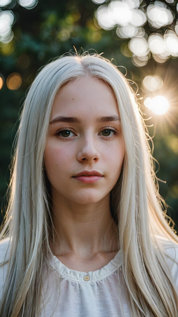 a (((detailed and realistic portrait))), featuring a (((beautiful teen girl with extremely long straight white hair))), with a gently diffused glow that casts, an ethereal halo around her form, illustrating a sense of (otherworldly mystery) and fantasy that defies the ordinary