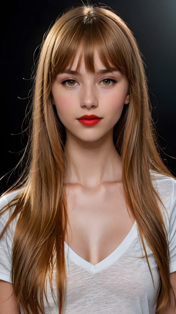 a (((detailed and realistic portrait))), featuring a (((beautiful innocent teen girl with extremely long straight amber hair, bangs frame her face))), shiny eyes, ((full red lips)), ((wears a deep v-neck t-shirt)), with a gently diffused glow that casts, an ethereal halo around her form, illustrating a sense of (otherworldly mystery) and fantasy that defies the ordinary, ((dark background))