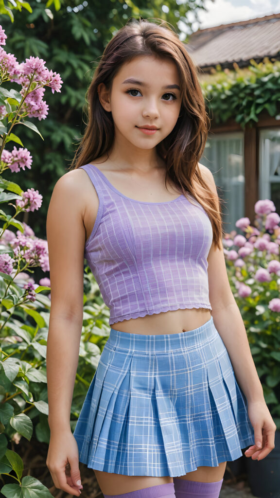 a (((detailed and perfect portrait))) of a (((beautiful young cute girl, perfect curved fit body))), 13 years old, with long, straight, thick, untucked, snowy natural brown hair, bangs cut, wearing a ((cheeckered pastel blue and purple super short tank top)), ((blue and purple checked short skirt)), looking at the viewer ((and lots of beautiful flowers))