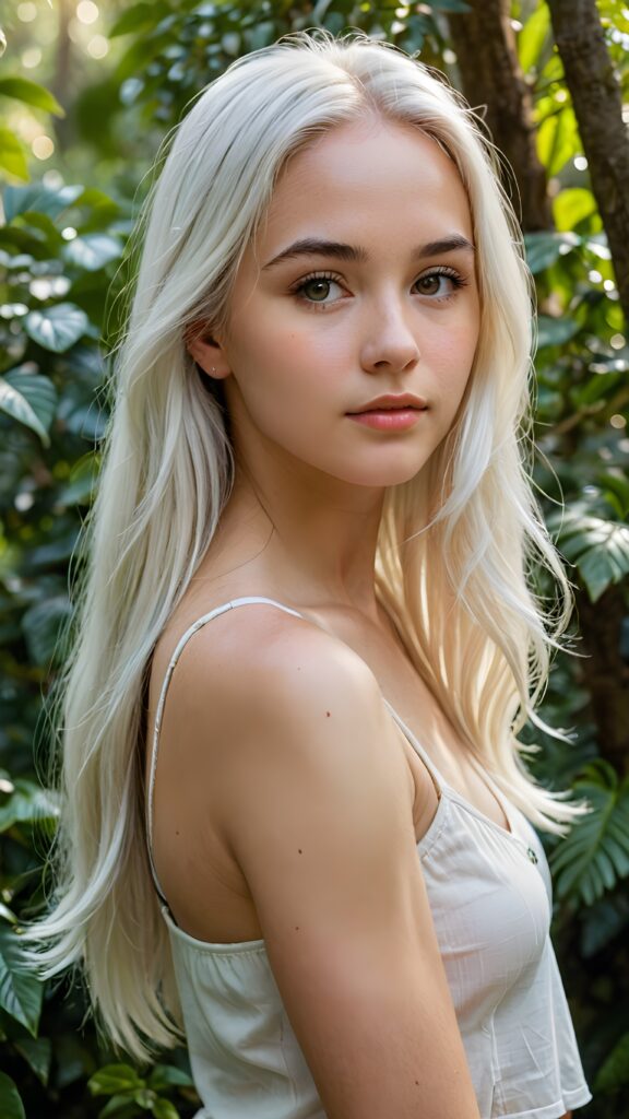 a (((detailed and realistic portrait))), capturing the essence of a (((beautiful young teen girl))) with long, flowing, (((straight soft white hair))), poised in a (side profile) gaze towards the viewer, framed by an ethereal backdrop of a verdant (cypress hedge), against a softly diffused (dim light), wearing a (short cropped tank top) in a (warm, inviting tone). Her facial features exude an otherworldly radiance, with (porcelain skin) and a (perfectly circular face) featuring (gently arched eyebrows) and a (dark, piercing point) above her (serene expression), all set against a (backdrop of a leafy, lush environment) that gives off a (magical, almost surreal vibe)