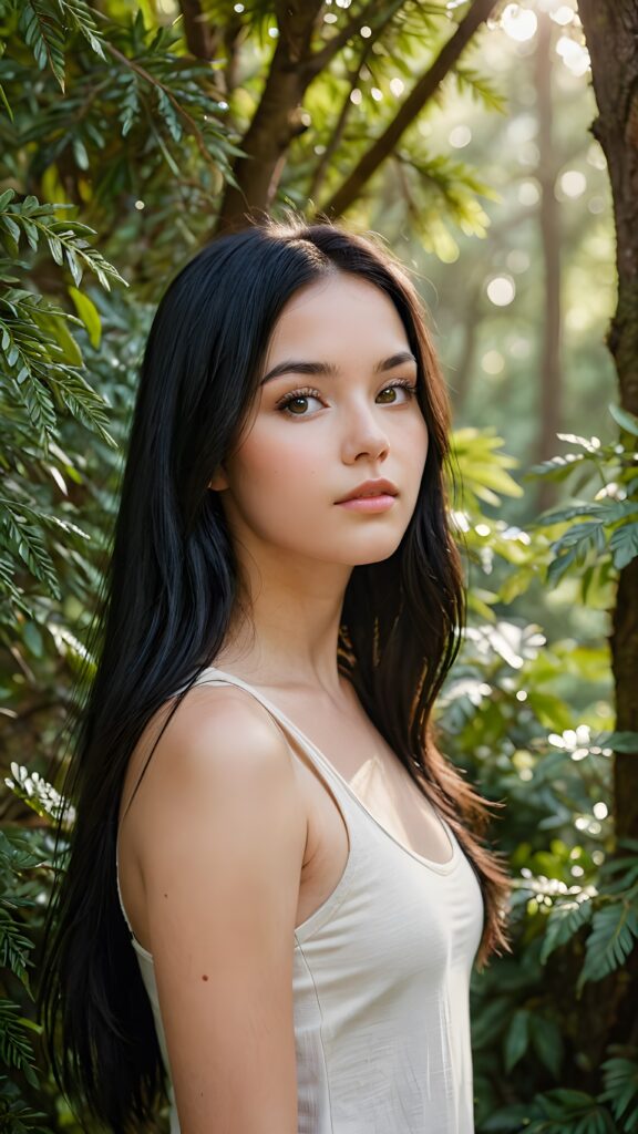 a (((detailed and realistic portrait))), capturing the essence of a (((beautiful young teen girl))) with long, flowing, (((straight black hair))), poised in a (side profile) gaze towards the viewer, framed by an ethereal backdrop of a verdant (cypress hedge), against a softly diffused (dim light), wearing a (tank top) in a (warm, inviting tone). Her facial features exude an otherworldly radiance, with (porcelain skin) and a (perfectly circular face) featuring (gently arched eyebrows) and a (dark, piercing point) above her (serene expression), all set against a (backdrop of a leafy, lush environment) that gives off a (magical, almost surreal vibe)