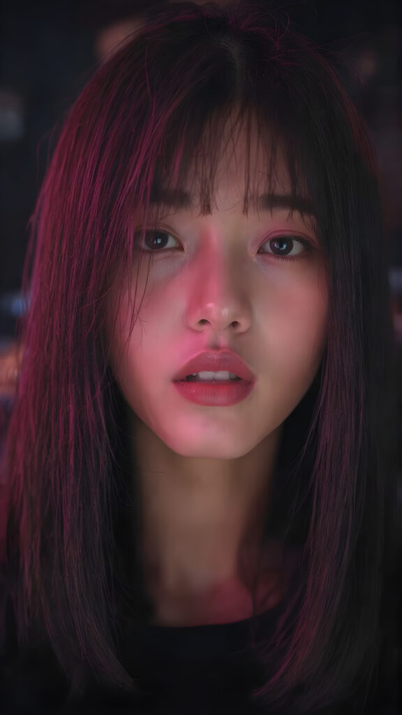 a (((detailed and cute Korean lady with straight, long black hair))) by a (fashionably asymmetrical bob hairstyle), red full kissable lips, looks seductive