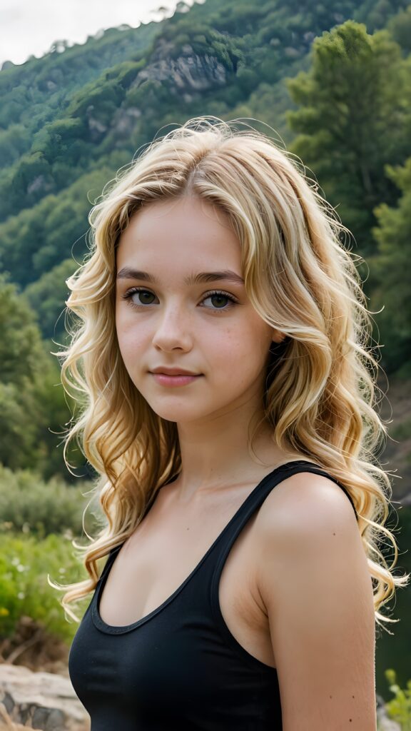 a (((detailed and realistic portrait))), featuring a gently drawn (((natural beautiful teen girl))) with long, (((semi-curly, soft blonde hair))), wearing a sleek, ((black tight tank top)), set against a backdrop of a serene, naturally occurring landscape with its perfect contours mirroring the girl's form