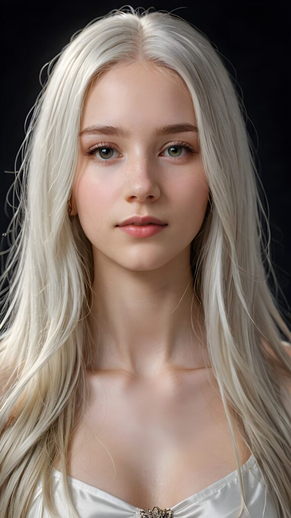 a (((detailed and realistic portrait))), featuring a (((beautiful teen girl with extremely long straight white hair))), with a gently diffused glow that casts, an ethereal halo around her form, illustrating a sense of (otherworldly mystery) and fantasy that defies the ordinary