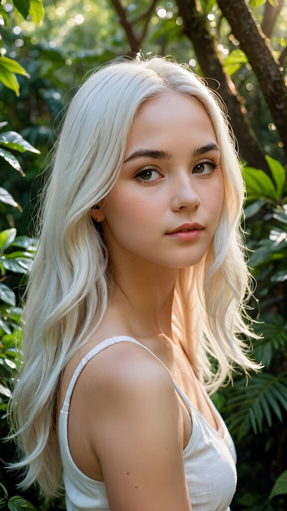 a (((detailed and realistic portrait))), capturing the essence of a (((beautiful young teen girl))) with long, flowing, (((straight soft white hair))), poised in a (side profile) gaze towards the viewer, framed by an ethereal backdrop of a verdant (cypress hedge), against a softly diffused (dim light), wearing a (short cropped tank top) in a (warm, inviting tone). Her facial features exude an otherworldly radiance, with (porcelain skin) and a (perfectly circular face) featuring (gently arched eyebrows) and a (dark, piercing point) above her (serene expression), all set against a (backdrop of a leafy, lush environment) that gives off a (magical, almost surreal vibe)