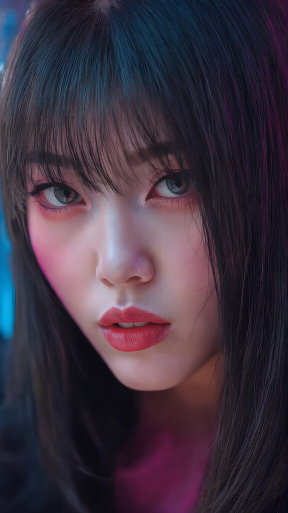 a (((detailed and cute Korean lady with straight, long black hair))) by a (fashionably asymmetrical bob hairstyle), red full kissable lips, looks seductive