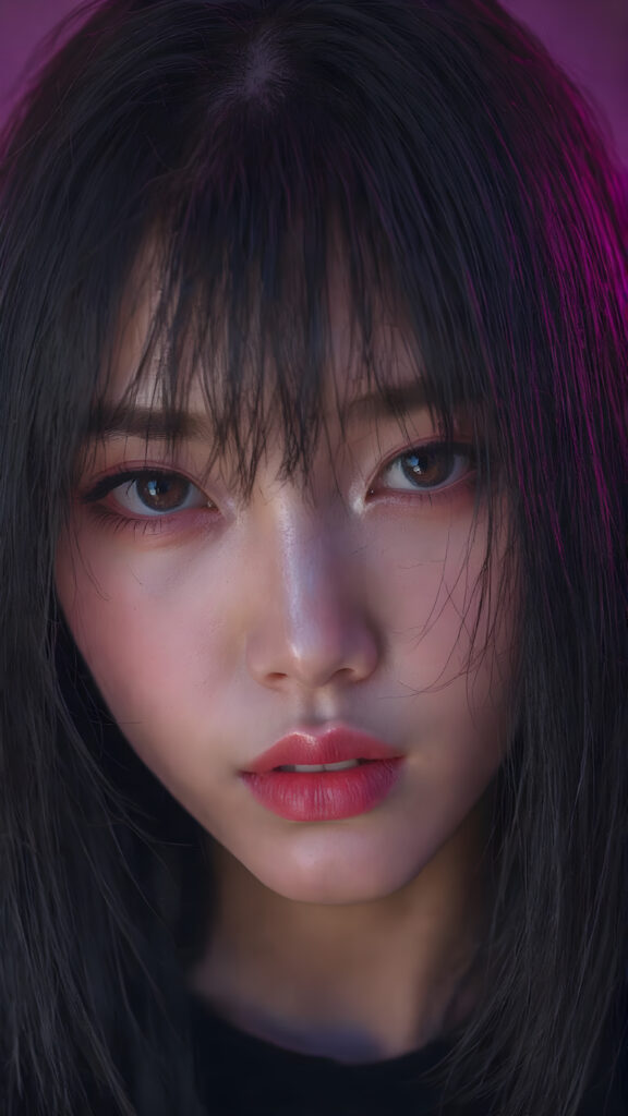 a (((detailed and cute Korean lady with straight, long black hair))) by a (fashionably asymmetrical bob hairstyle), red full kissable lips, looks seductive