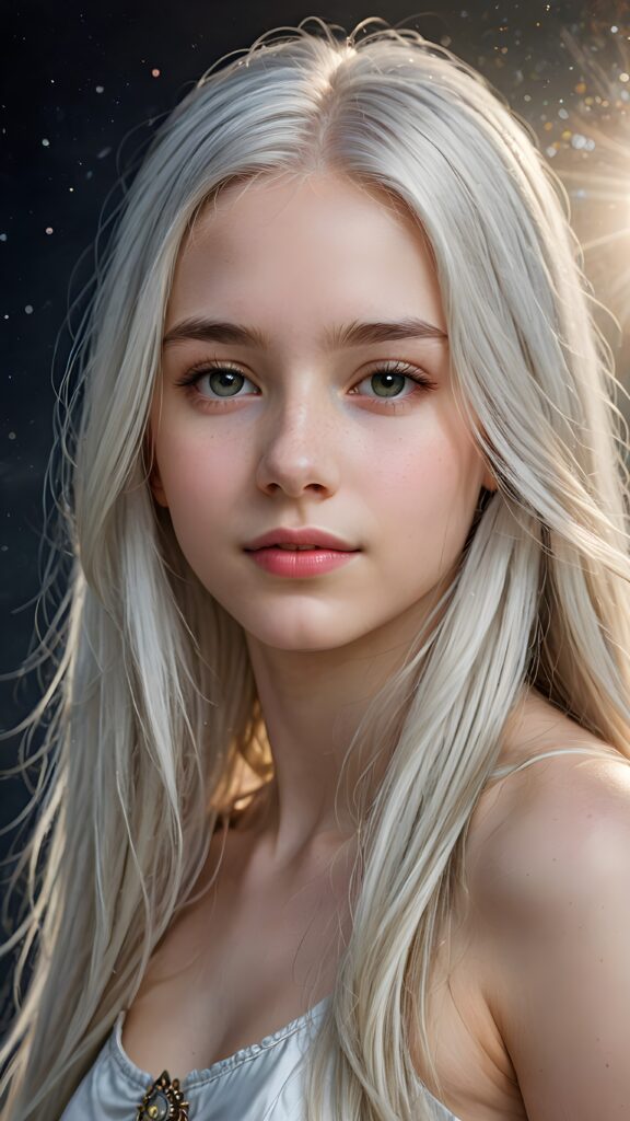 a (((detailed and realistic portrait))), featuring a (((beautiful teen girl with extremely long straight white hair))), with a gently diffused glow that casts, an ethereal halo around her form, illustrating a sense of (otherworldly mystery) and fantasy that defies the ordinary