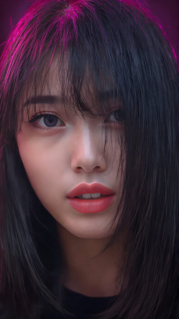 a (((detailed and cute Korean lady with straight, long black hair))) by a (fashionably asymmetrical bob hairstyle), red full kissable lips, looks seductive