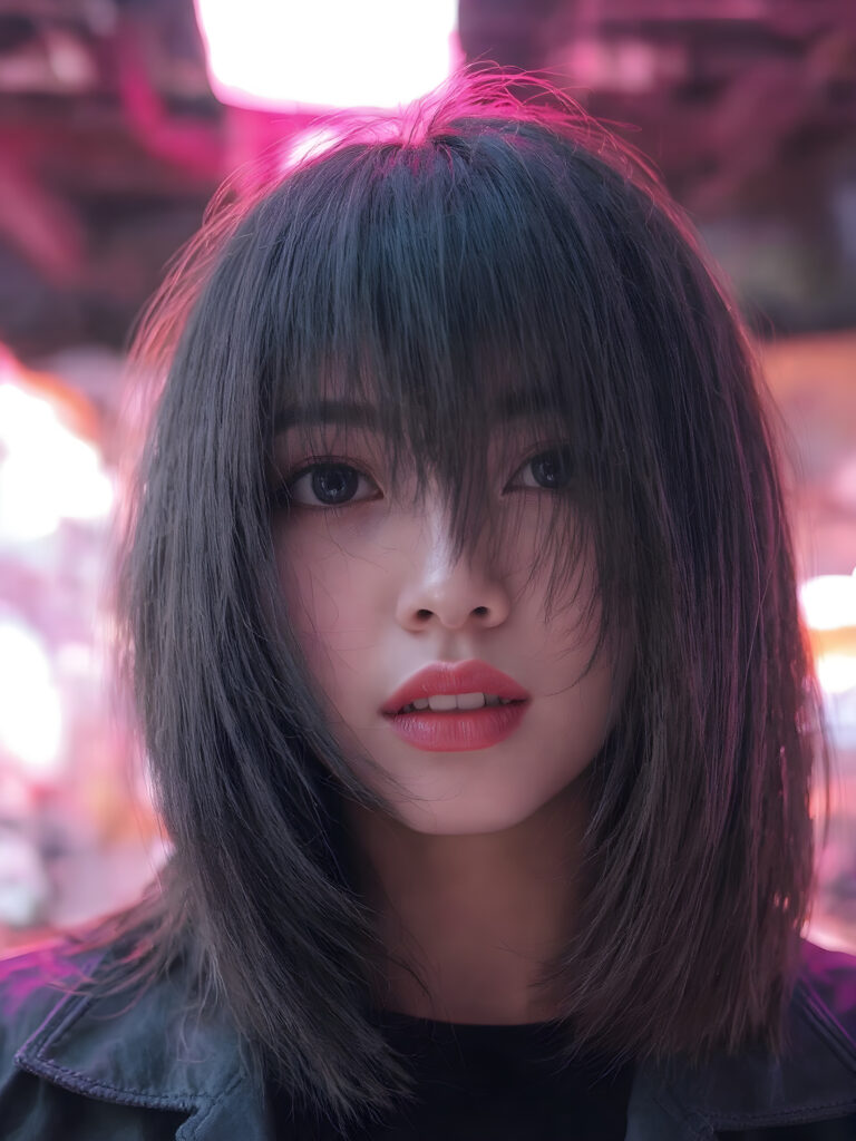 a (((detailed and cute Korean lady with straight, long black hair))) by a (fashionably asymmetrical bob hairstyle), red full kissable lips, looks seductive, white teeth